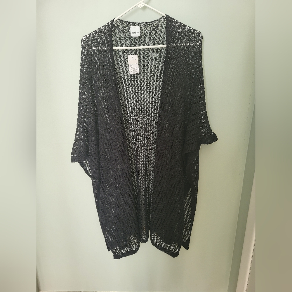 Open Weave Ruana Cover Up Long Cardigan Duster Shrug Black One Size New